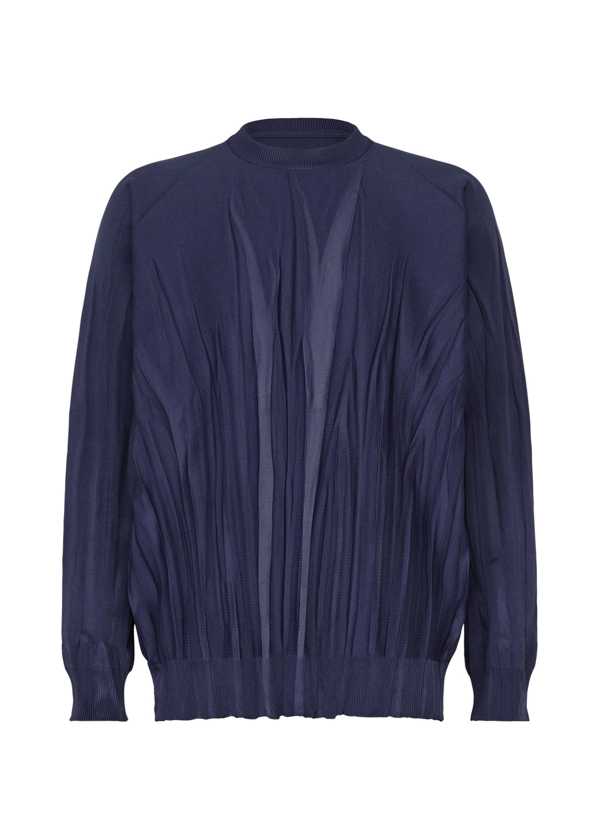 The RIPPLE KNIT by IM MEN is a navy blue, long-sleeve sweater in textured polyester with ribbed collar, cuffs, and hem. Vertical pleating on the front adds a dynamic, dimensional effect. view 2 of 7