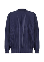 The RIPPLE KNIT by IM MEN is a navy blue, long-sleeve sweater in textured polyester with ribbed collar, cuffs, and hem. Vertical pleating on the front adds a dynamic, dimensional effect. - BLUE （no.72）