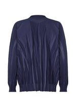 The RIPPLE KNIT by IM MEN is a navy blue long-sleeve sweater with vertical pleats and ribbed neckline, cuffs, and hem, made from textured polyester and shown against a white background.
