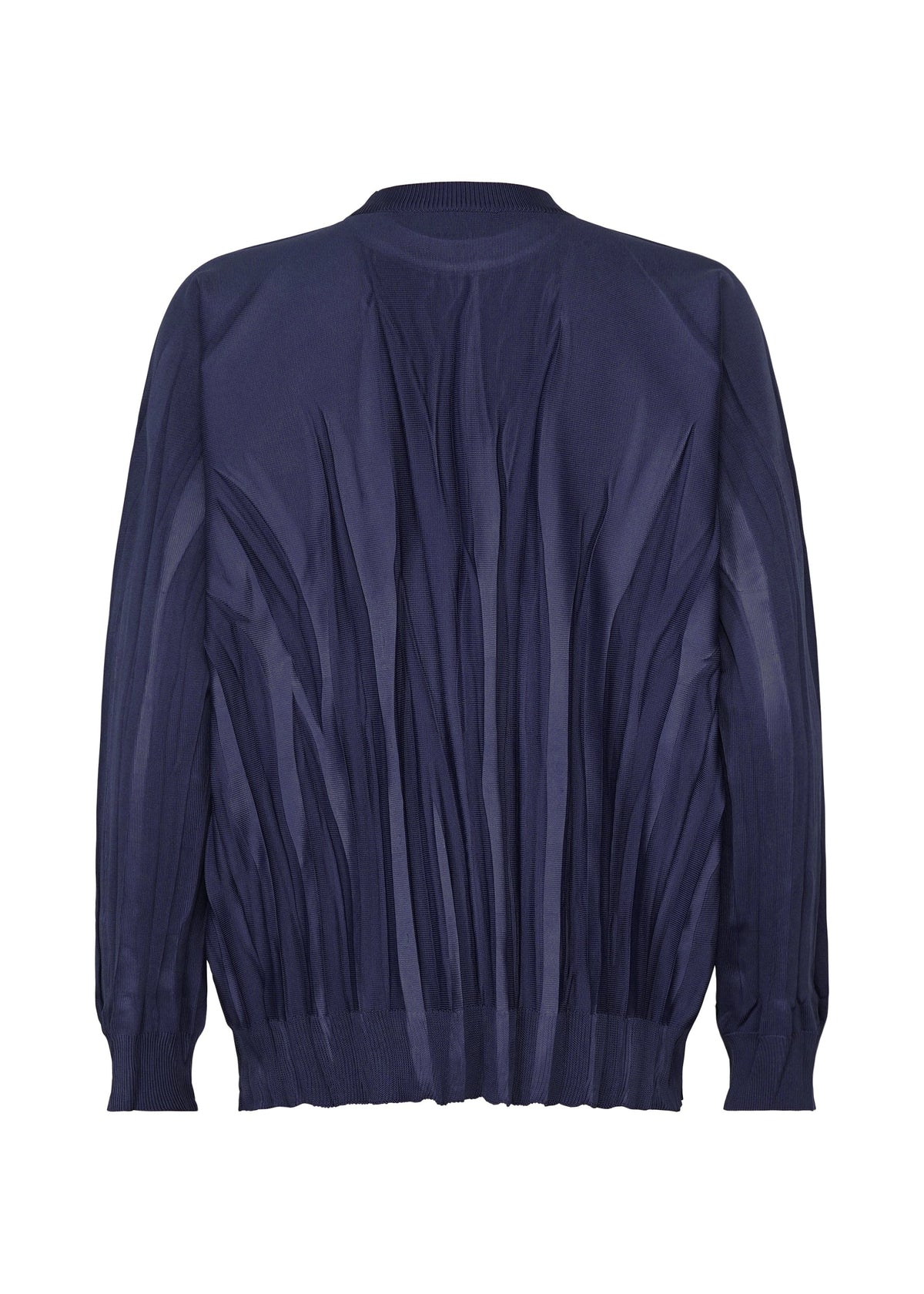 Zoomed view The RIPPLE KNIT by IM MEN is a navy blue long-sleeve sweater with vertical pleats and ribbed neckline, cuffs, and hem, made from textured polyester and shown against a white background.