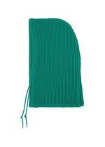 The SWEATS PLEATS HOOD by me ISSEY MIYAKE is a green, ribbed jersey fleece-lined hood with two drawstrings, vertical pleats, and a rounded top edge, laid flat on a white background. - PEACOCK GREEN （no.64）
