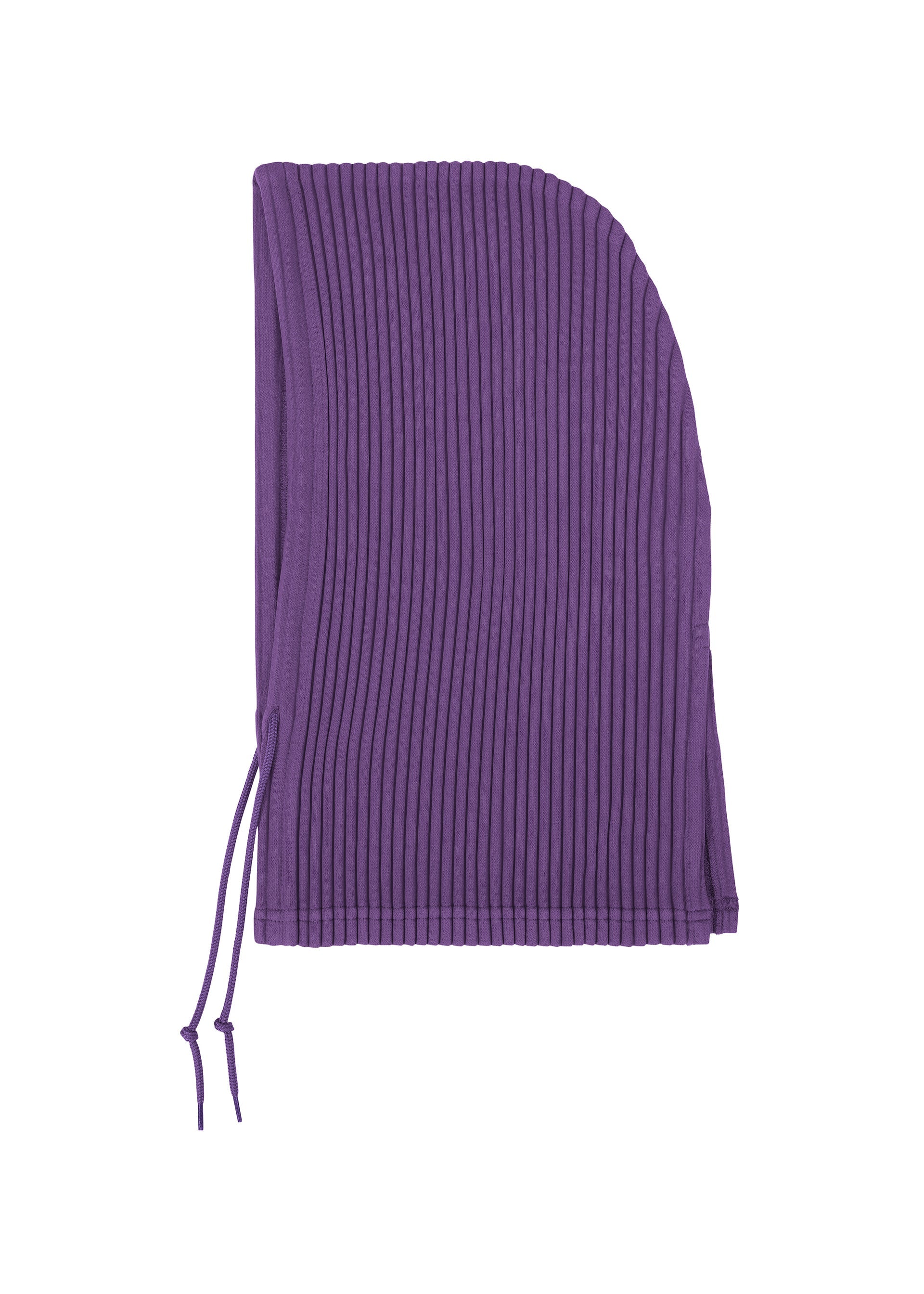 Zoomed view The me ISSEY MIYAKE SWEATS PLEATS HOOD in purple is a ribbed jersey fleece-lined hood with two drawstrings, displayed flat on a white background. - PURPLE （no.81）