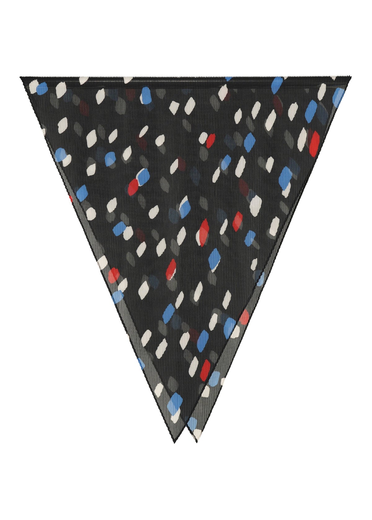 The TIME DOTS PLEATS STOLE by me ISSEY MIYAKE is a triangular black scarf featuring a dotted pattern and red, blue, gray, and white geometric shapes on a white background. view 2 of 6