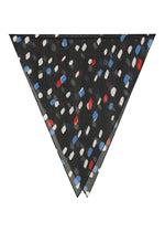 The TIME DOTS PLEATS STOLE by me ISSEY MIYAKE is a triangular black scarf featuring a dotted pattern and red, blue, gray, and white geometric shapes on a white background. - BLACK-HUED （no.19）