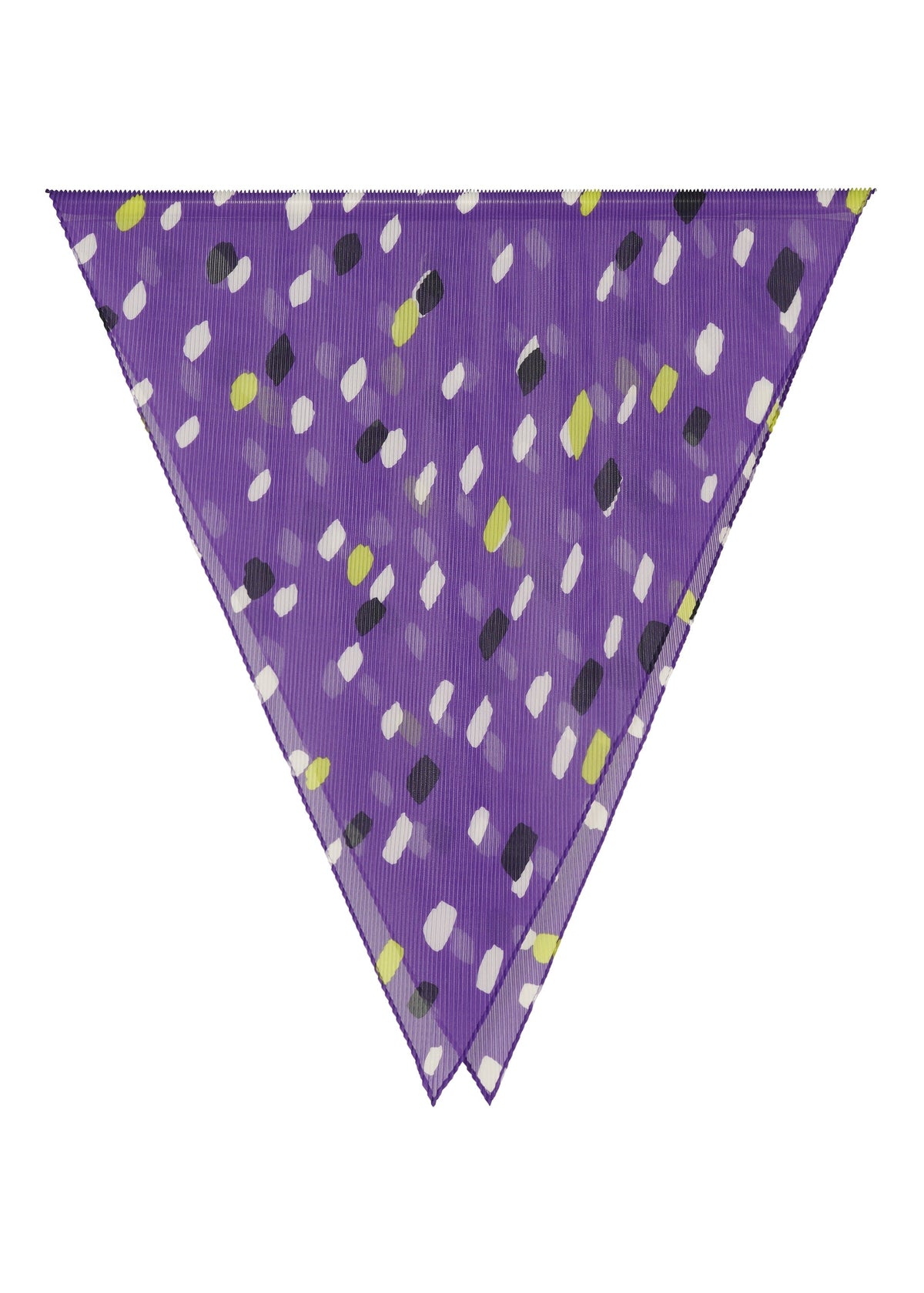 The TIME DOTS PLEATS STOLE from me ISSEY MIYAKE is a purple triangular bandana adorned with scattered white, yellow, black, and gray dots. view 3 of 6