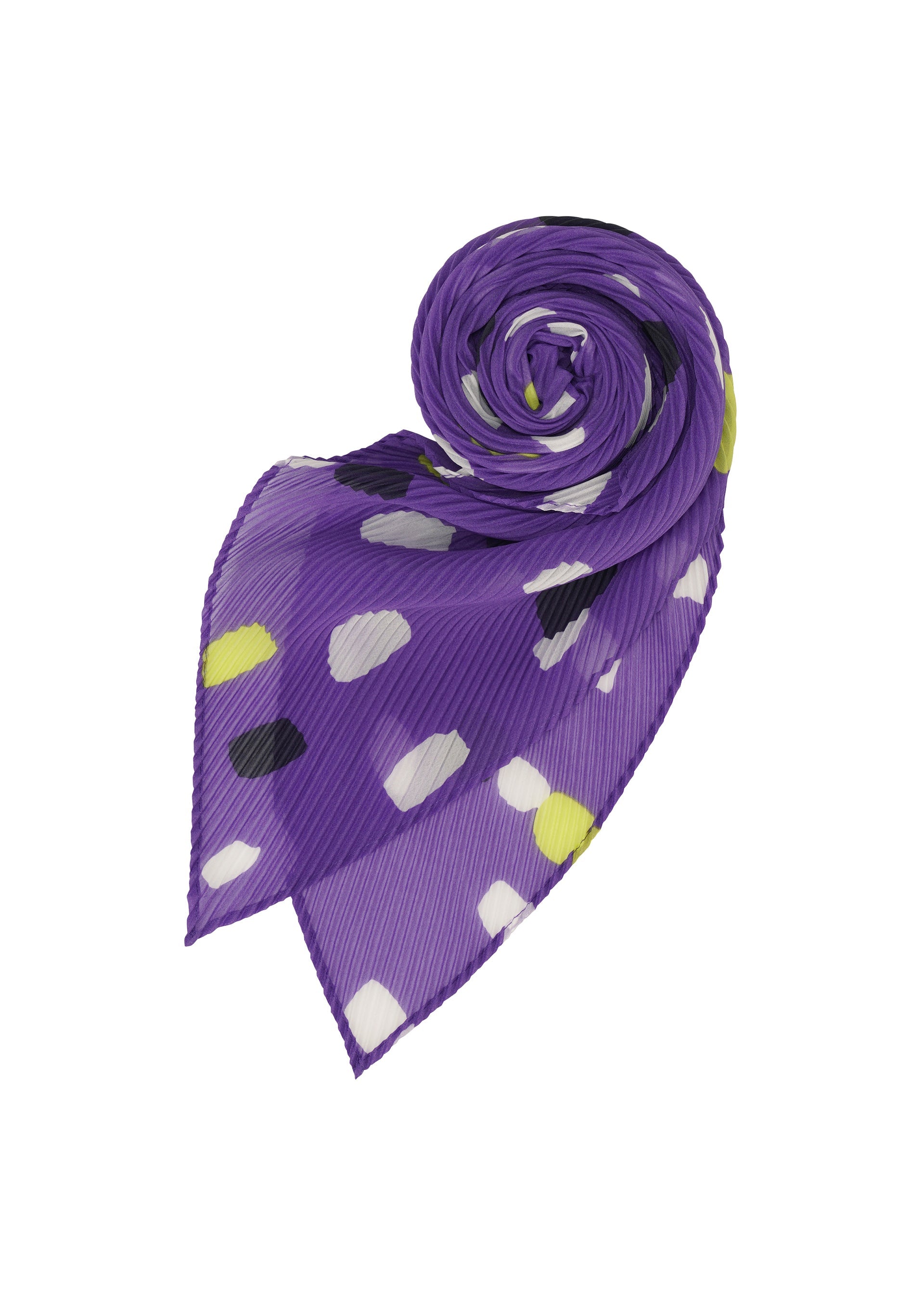 Zoomed view The TIME DOTS PLEATS STOLE by me ISSEY MIYAKE features pleated purple fabric with vibrant white, black, and yellow polka dots, neatly rolled into a spiral on a white background.