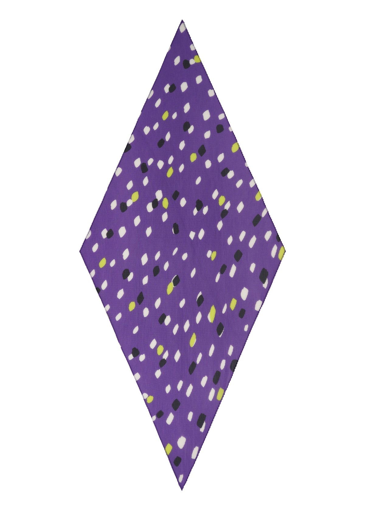 The TIME DOTS PLEATS STOLE by me ISSEY MIYAKE features a purple, diamond shape adorned with small black, white, and yellow rectangular dots scattered in a dotted pattern across its surface. view 5 of 6