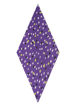 The TIME DOTS PLEATS STOLE by me ISSEY MIYAKE features a purple, diamond shape adorned with small black, white, and yellow rectangular dots scattered in a dotted pattern across its surface.