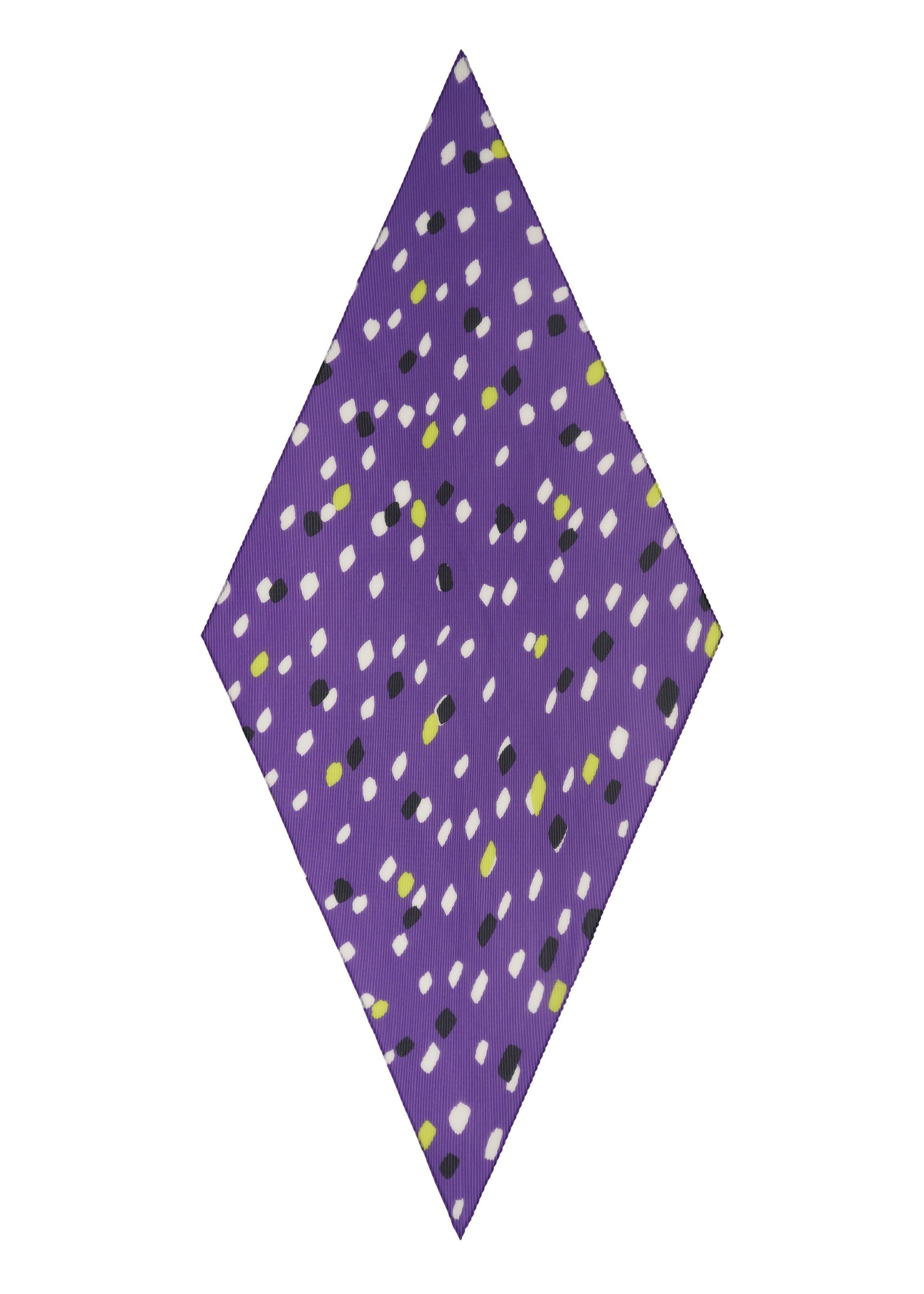 Zoomed view The TIME DOTS PLEATS STOLE by me ISSEY MIYAKE features a purple, diamond shape adorned with small black, white, and yellow rectangular dots scattered in a dotted pattern across its surface.