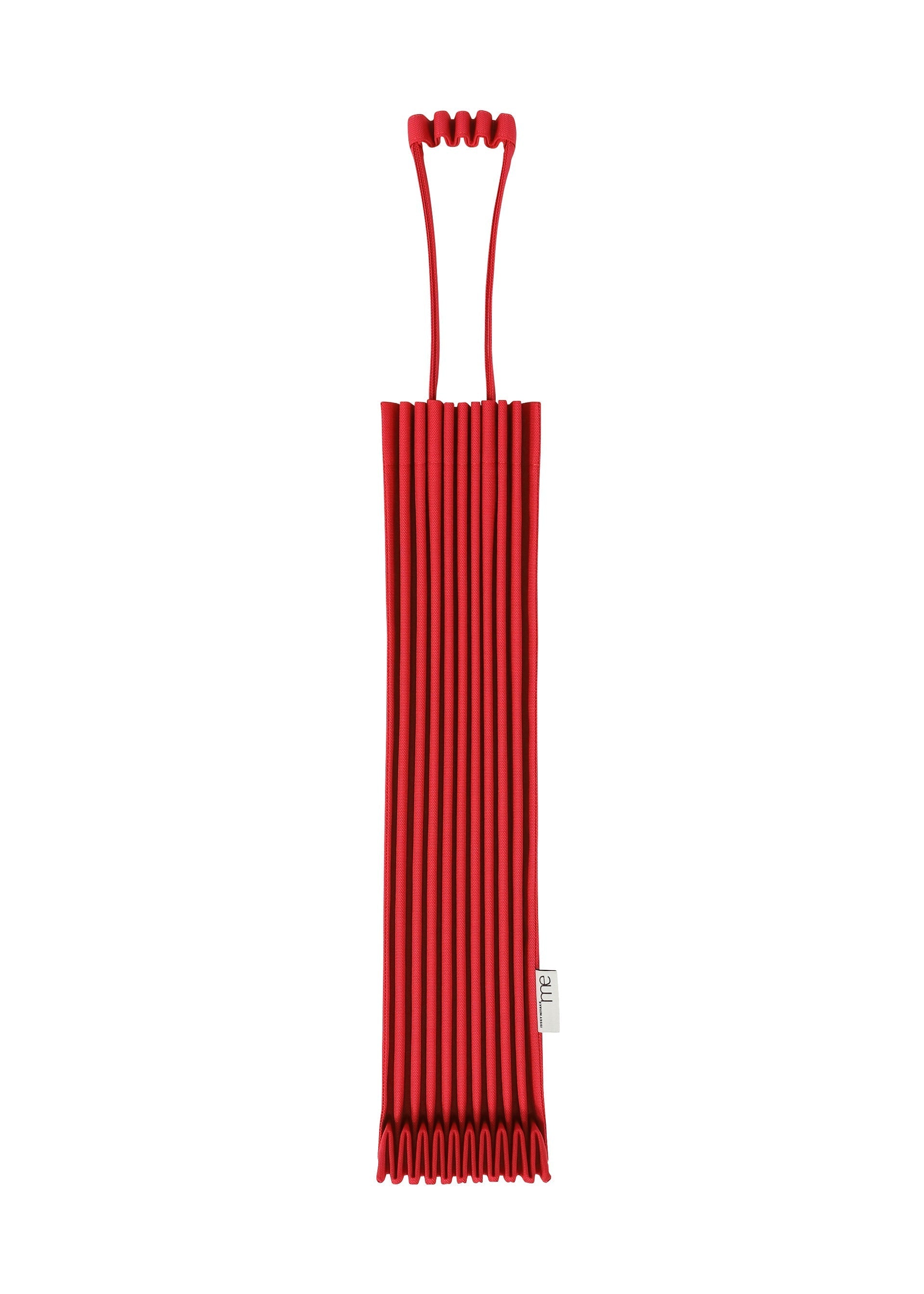 Zoomed view The TRUNK PLEATS BAG 12 by me ISSEY MIYAKE, shown flat on a white background, features red accordion-style pleats, flexible material, a distinctive top handle, and a small white side tag. - RED （no.24）