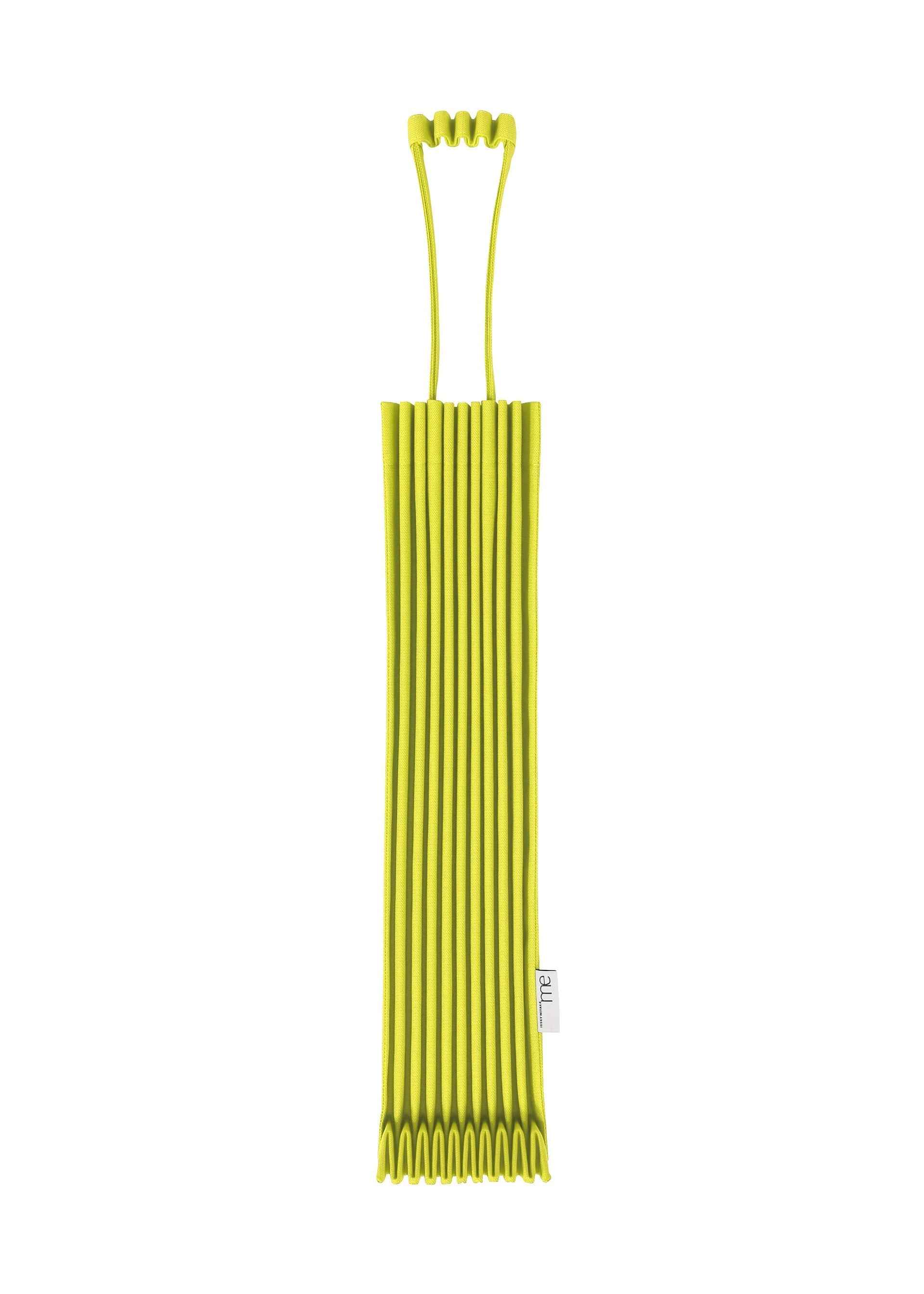 Zoomed view A yellow TRUNK PLEATS BAG 12 by me ISSEY MIYAKE features a unique handle, pleated silicone texture, and a small white side label, displayed against a white background. - LIME YELLOW （no.50）