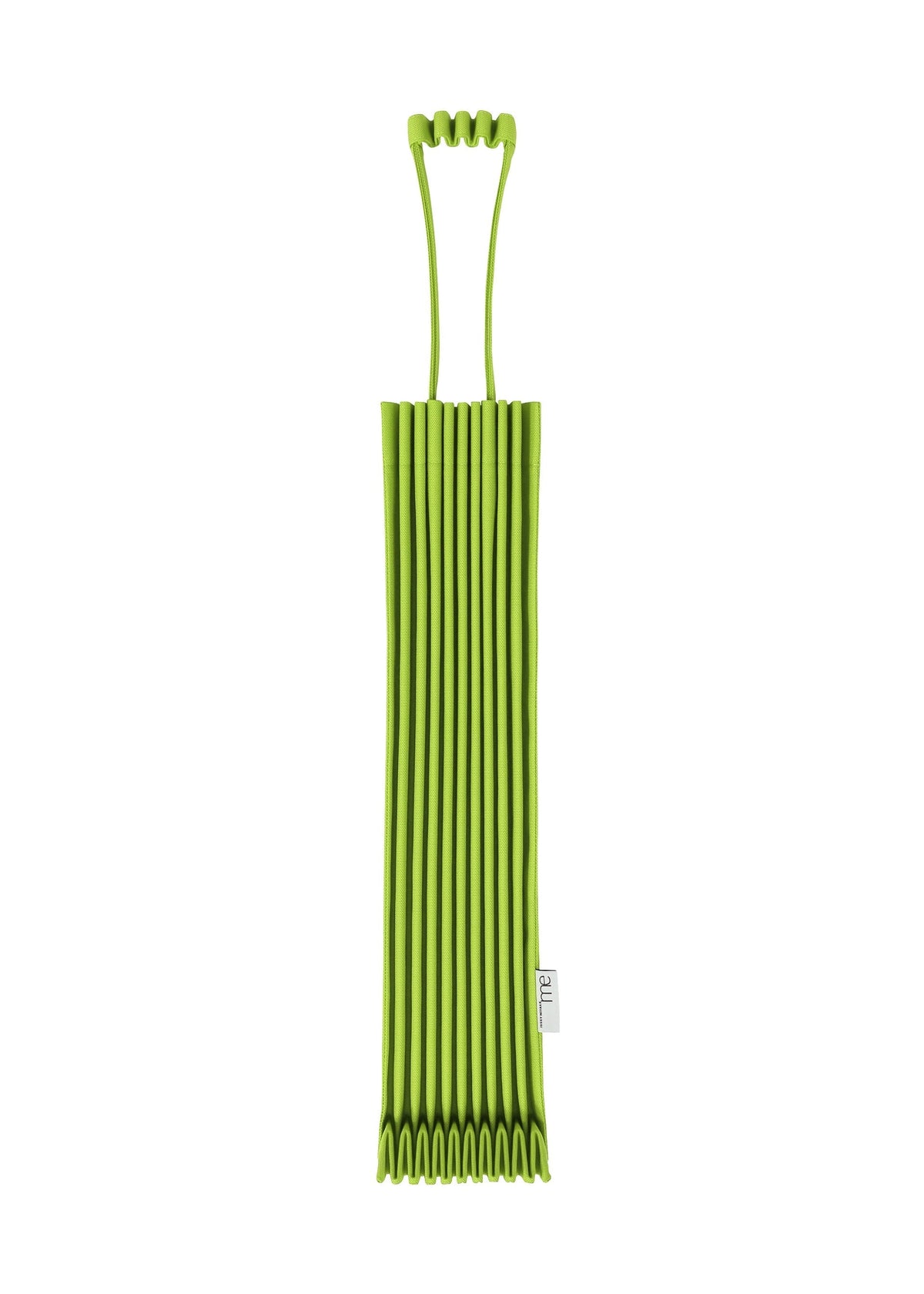 The TRUNK PLEATS BAG 12 by me ISSEY MIYAKE, shown against a white background, features a green flexible design with parallel ridges and two looped top handles for a unique look. view 9 of 14
