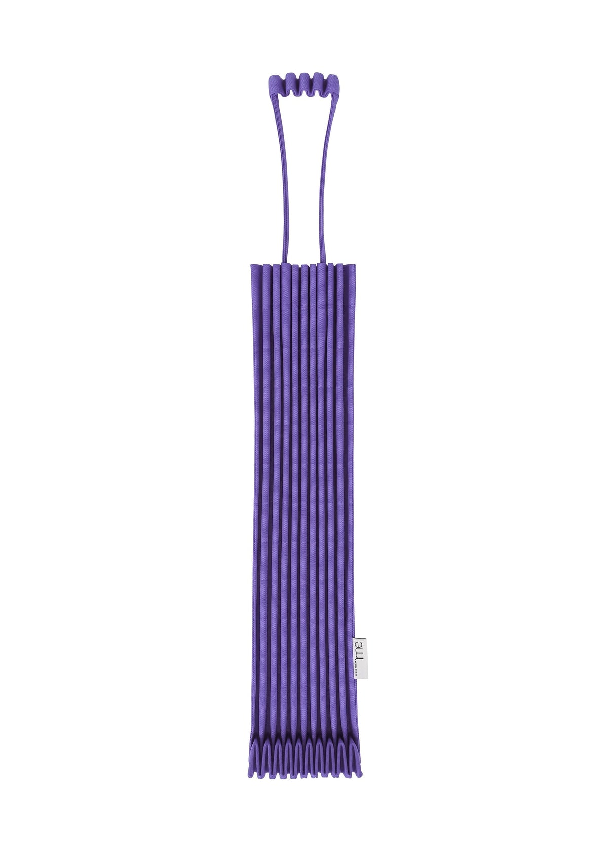 The TRUNK PLEATS BAG 12 by me ISSEY MIYAKE in purple features vivid color variations, a unique top handle, an accordion-style fold, and a small white label on the right side. view 10 of 14