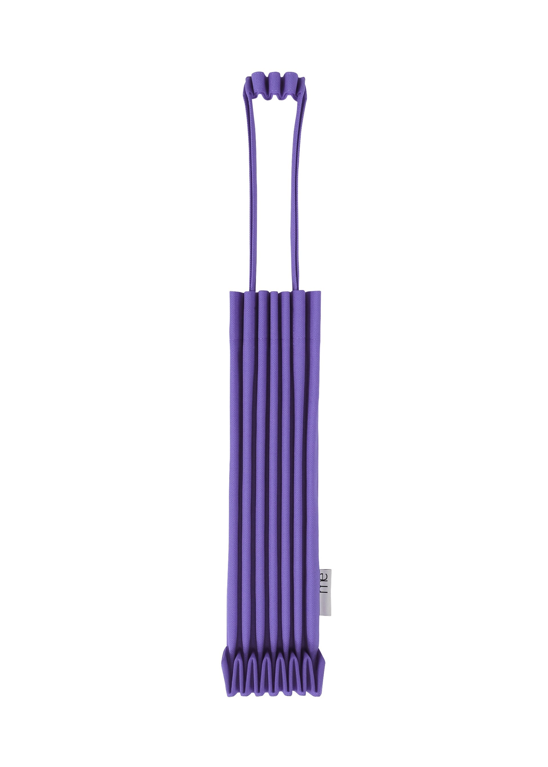 Zoomed view The me ISSEY MIYAKE TRUNK PLEATS BAG 12 is a purple mini tote with structured pleated fabric, a rectangular design, two matching handles, and a small white side label, shown on a plain white background. - BLUEBELL （no.98）