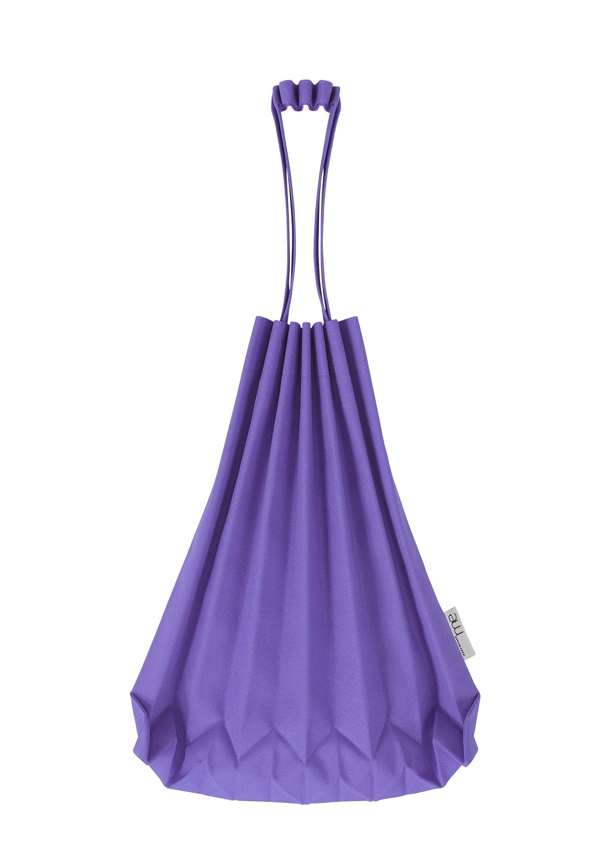 The TRUNK PLEATS BAG 12 by me ISSEY MIYAKE is a purple mini tote with two matching handles and a small white side tag, shown against a white background. view 12 of 14