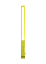 The TRUNK PLEATS BAG 12 by me ISSEY MIYAKE is a bright yellow shoulder bag with a long, flat strap and a structured, pleated body, shown hanging vertically against a white background. - LIME YELLOW （no.50）