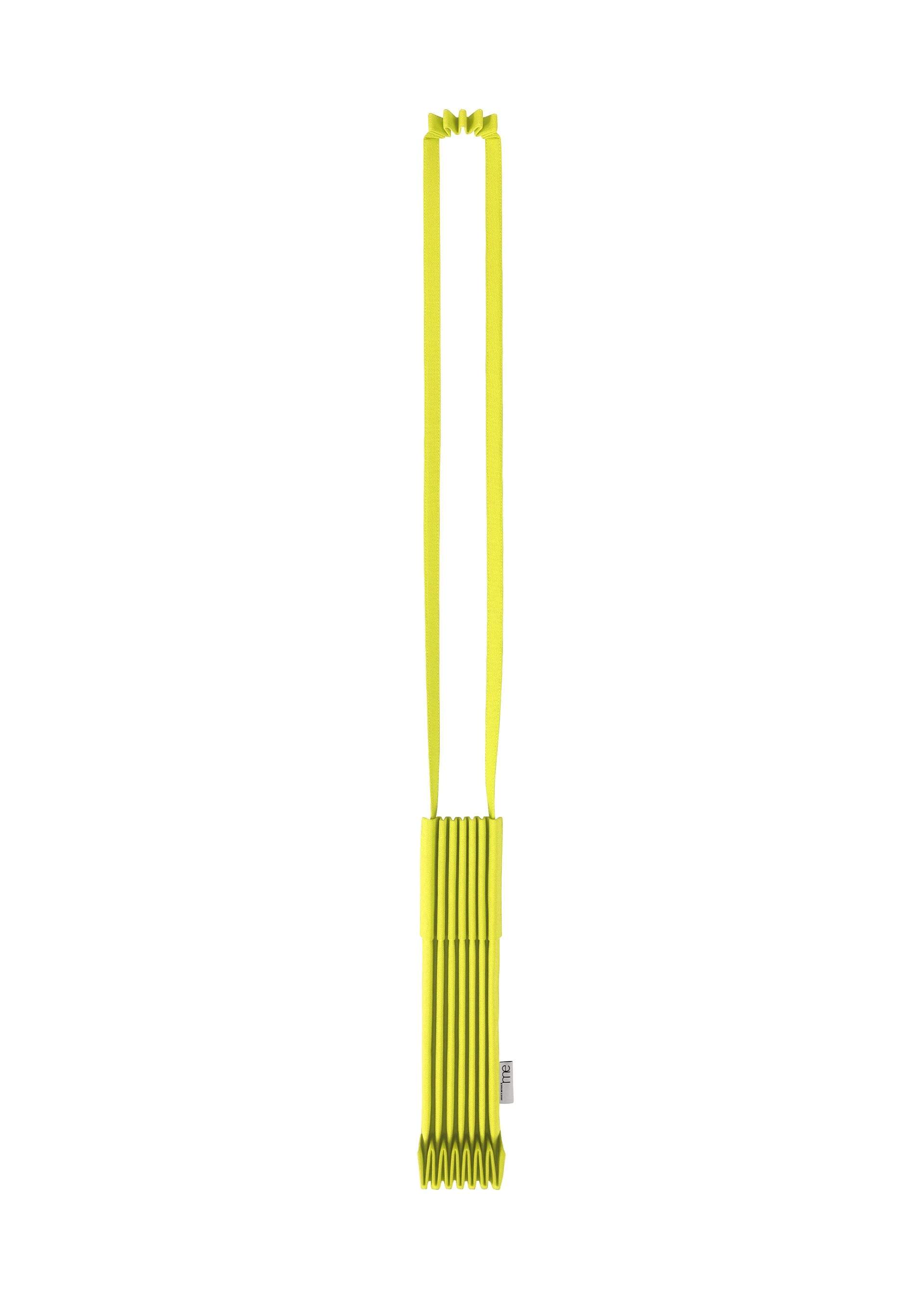 Zoomed view The TRUNK PLEATS BAG 12 by me ISSEY MIYAKE is a bright yellow shoulder bag with a long, flat strap and a structured, pleated body, shown hanging vertically against a white background. - LIME YELLOW （no.50）