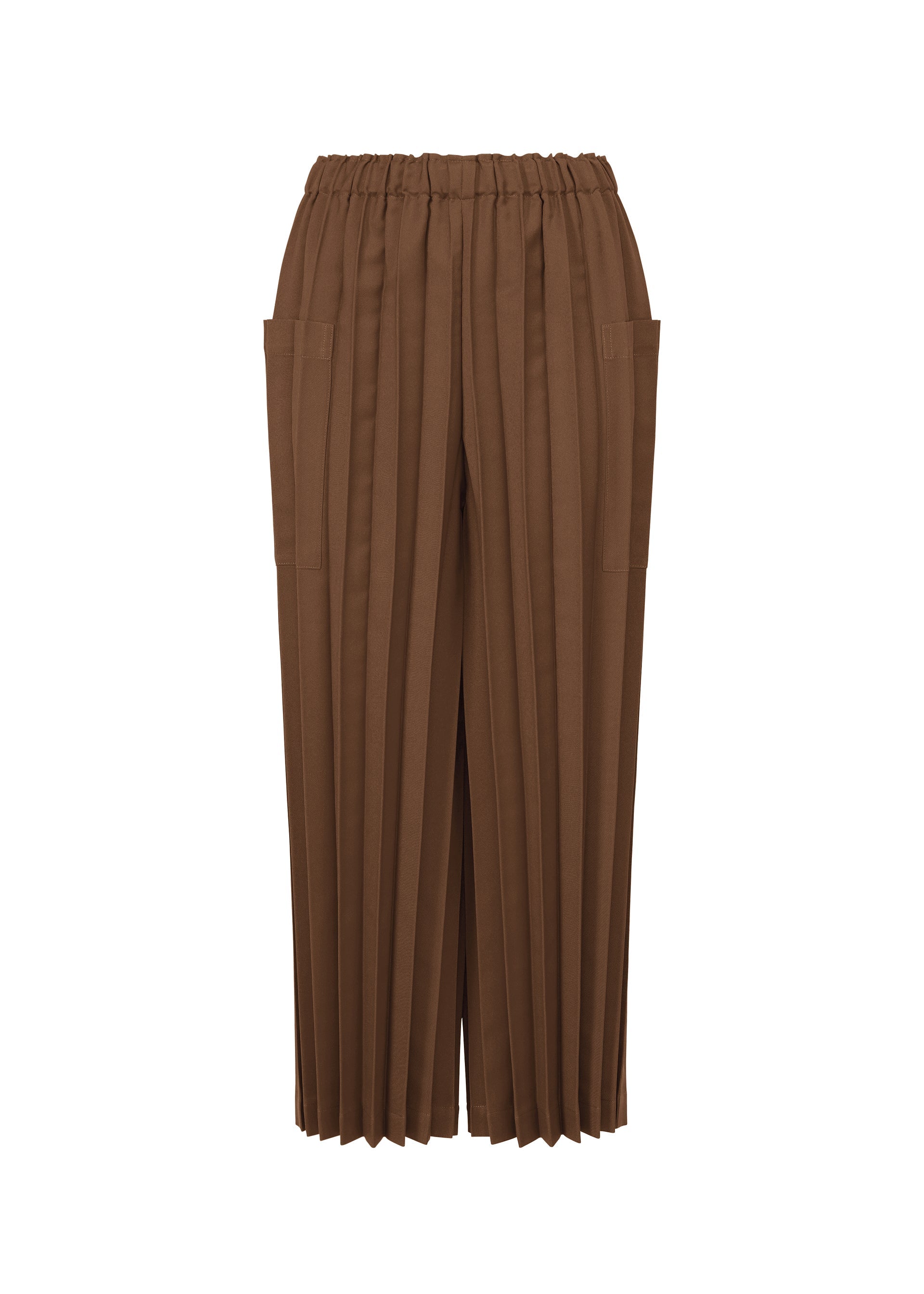 Zoomed view The COLOR PLEATS BOTTOM by me ISSEY MIYAKE features brown pleated pants made from lightweight fabric with an elastic waistband and side pockets, shown against a white background. - BROWN （no.44）
