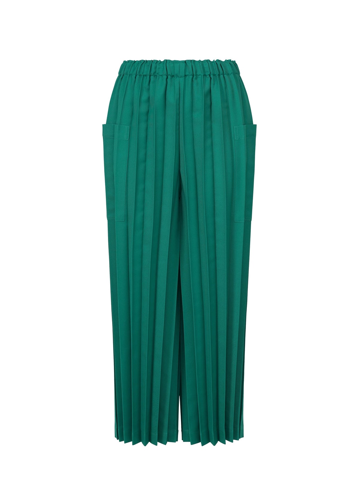 The COLOR PLEATS BOTTOM by me ISSEY MIYAKE features green pleated pants in lightweight fabric with an elastic waistband and side pockets, shown against a white background. view 3 of 7