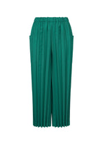 The COLOR PLEATS BOTTOM by me ISSEY MIYAKE features green pleated pants in lightweight fabric with an elastic waistband and side pockets, shown against a white background. - PEACOCK GREEN （no.64）