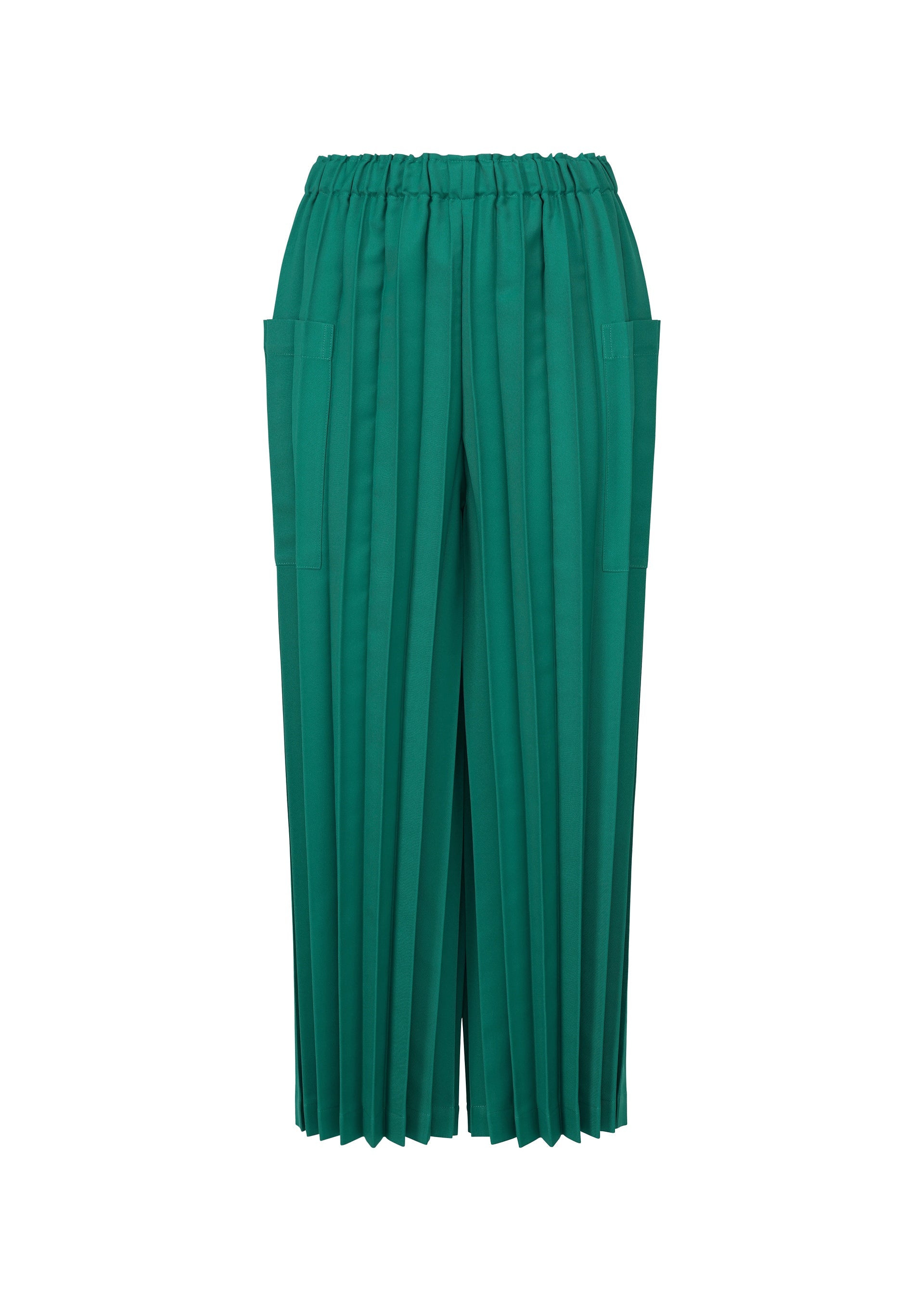 Zoomed view The COLOR PLEATS BOTTOM by me ISSEY MIYAKE features green pleated pants in lightweight fabric with an elastic waistband and side pockets, shown against a white background. - PEACOCK GREEN （no.64）