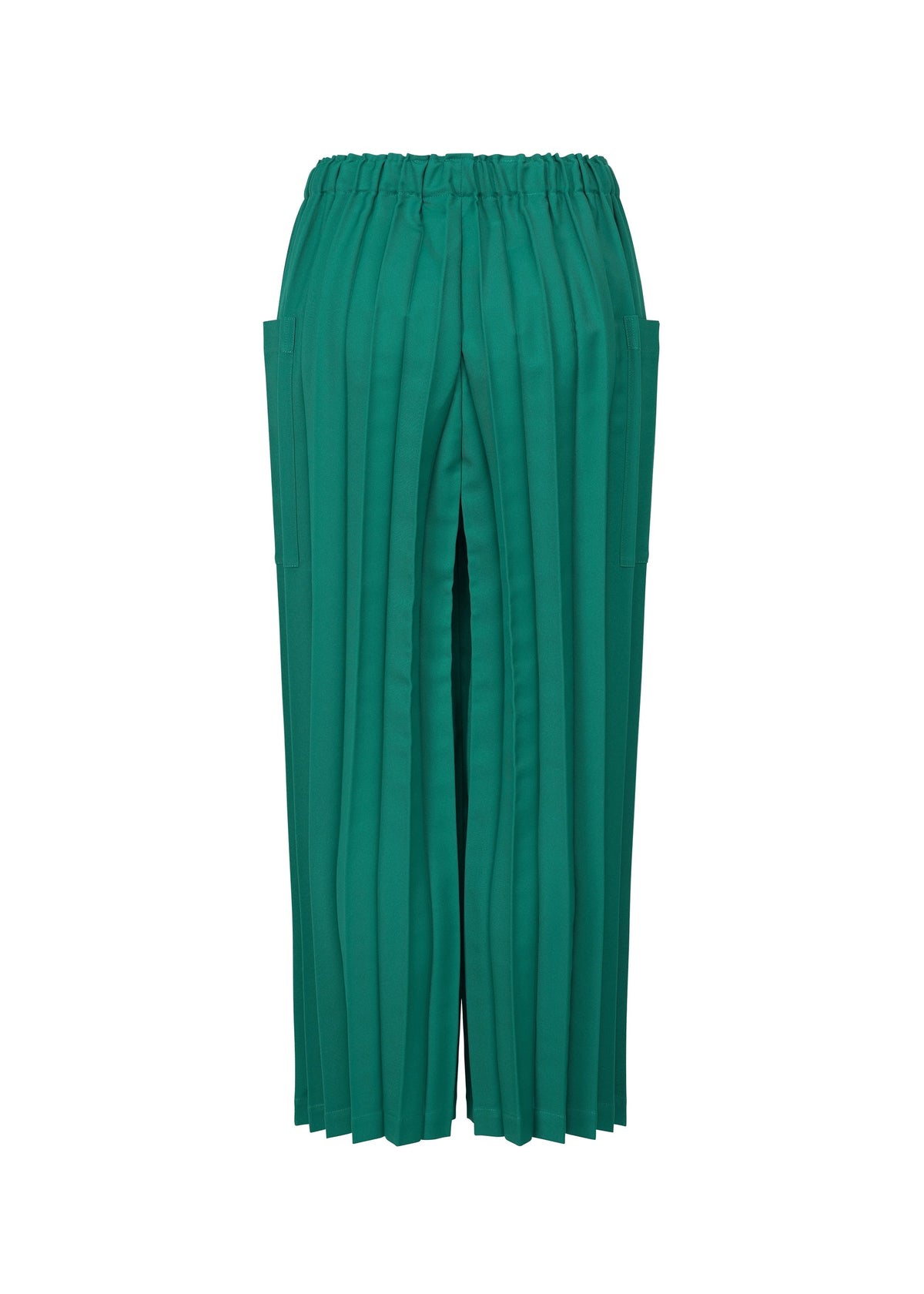 The COLOR PLEATS BOTTOM by me ISSEY MIYAKE features green pleated wide-leg pants made from lightweight fabric with an elastic waistband and side pockets, shown against a white background. view 4 of 7