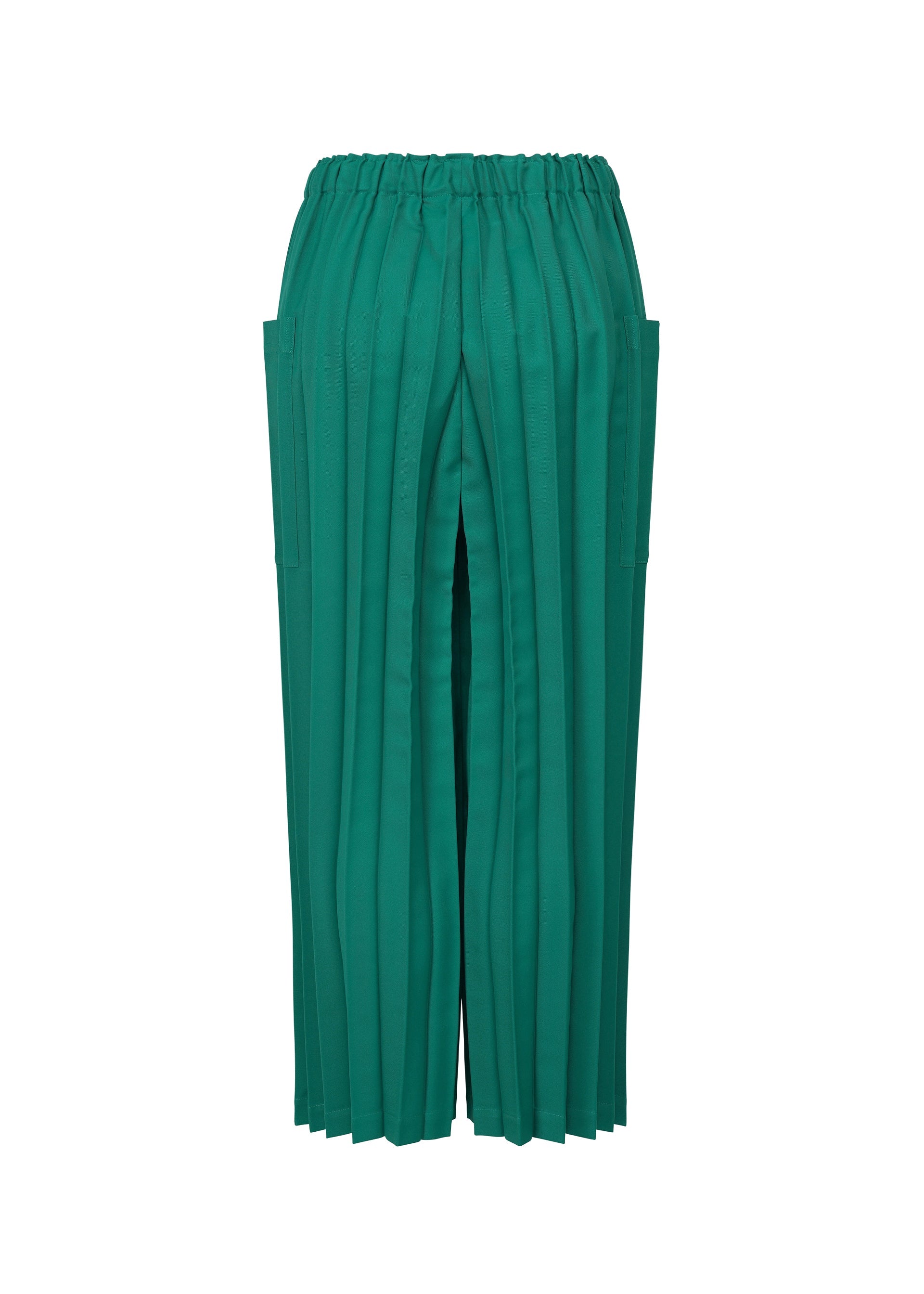 Zoomed view The COLOR PLEATS BOTTOM by me ISSEY MIYAKE features green pleated wide-leg pants made from lightweight fabric with an elastic waistband and side pockets, shown against a white background.