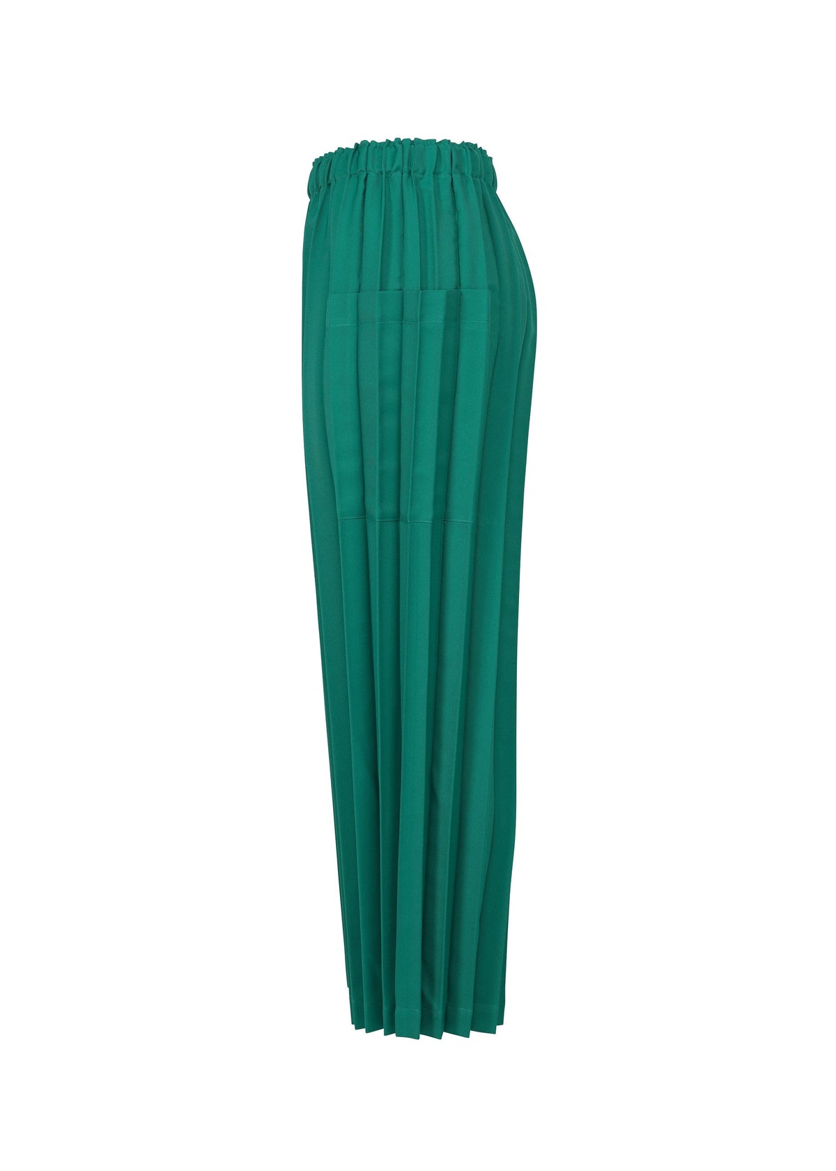 COLOR PLEATS BOTTOM by me ISSEY MIYAKE: green pleated wide-leg pants with an elastic waistband, made from lightweight fabric and displayed in a side view against a white background. view 5 of 7