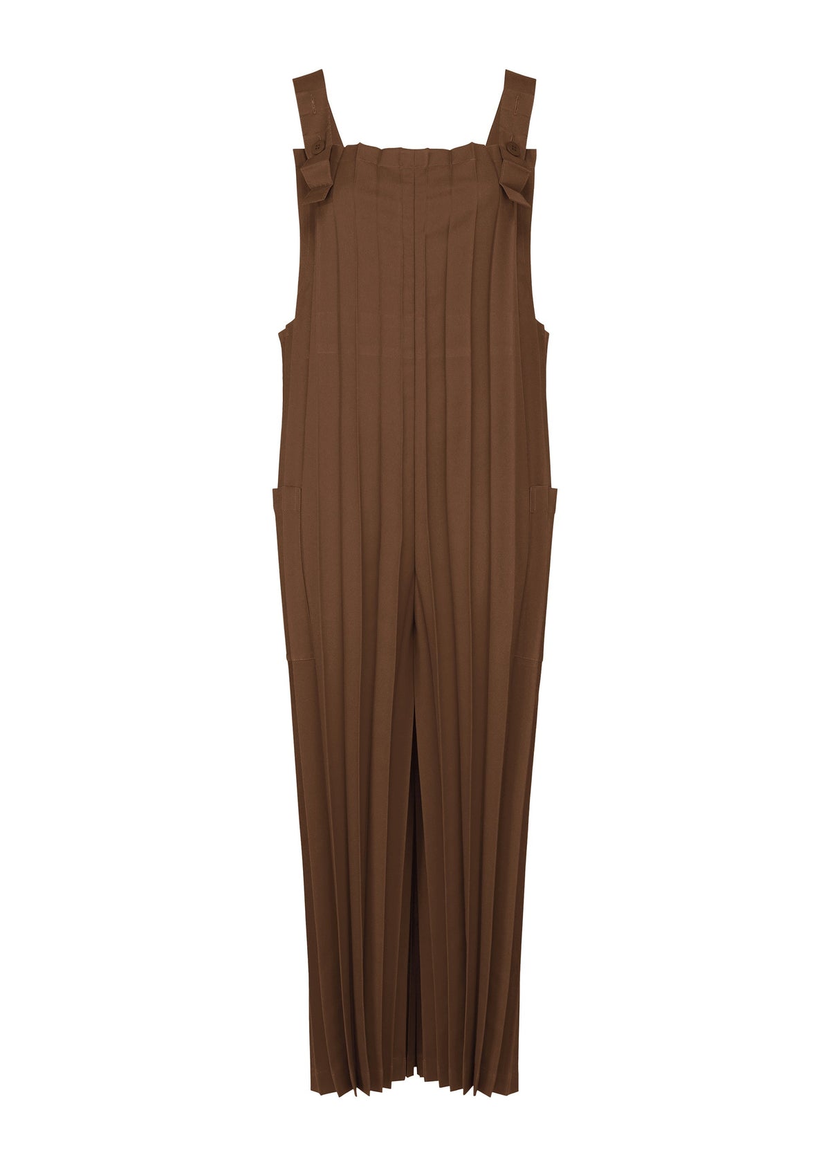 The COLOR PLEATS BOTTOM by me ISSEY MIYAKE is a brown wide-leg jumpsuit with pleats, thick shoulder straps, square neckline, and side pockets, shown against a plain white background. view 2 of 7