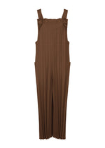 The COLOR PLEATS BOTTOM by me ISSEY MIYAKE is a brown wide-leg jumpsuit with pleats, thick shoulder straps, square neckline, and side pockets, shown against a plain white background. - BROWN （no.44）