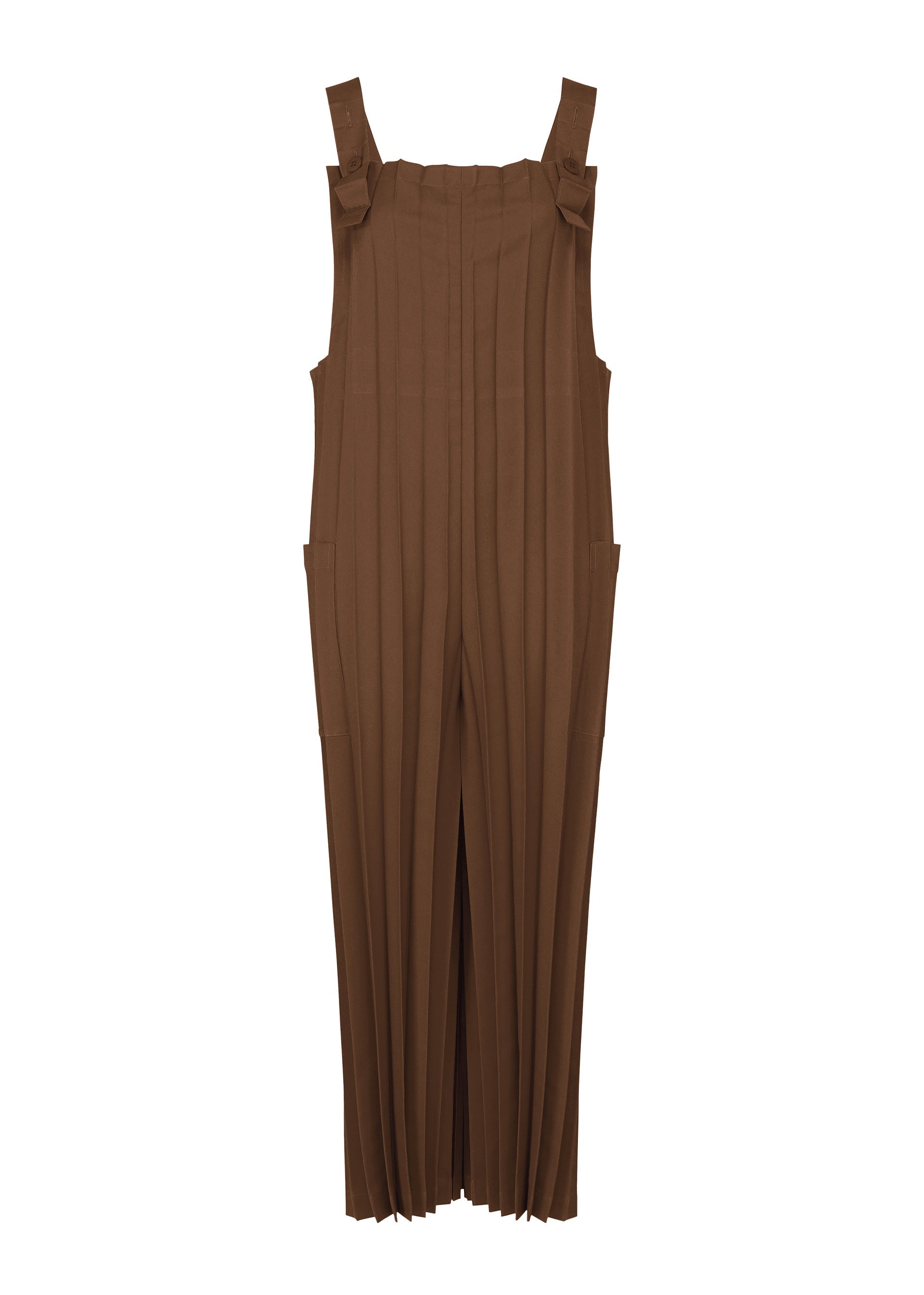 Zoomed view The COLOR PLEATS BOTTOM by me ISSEY MIYAKE is a brown wide-leg jumpsuit with pleats, thick shoulder straps, square neckline, and side pockets, shown against a plain white background. - BROWN （no.44）