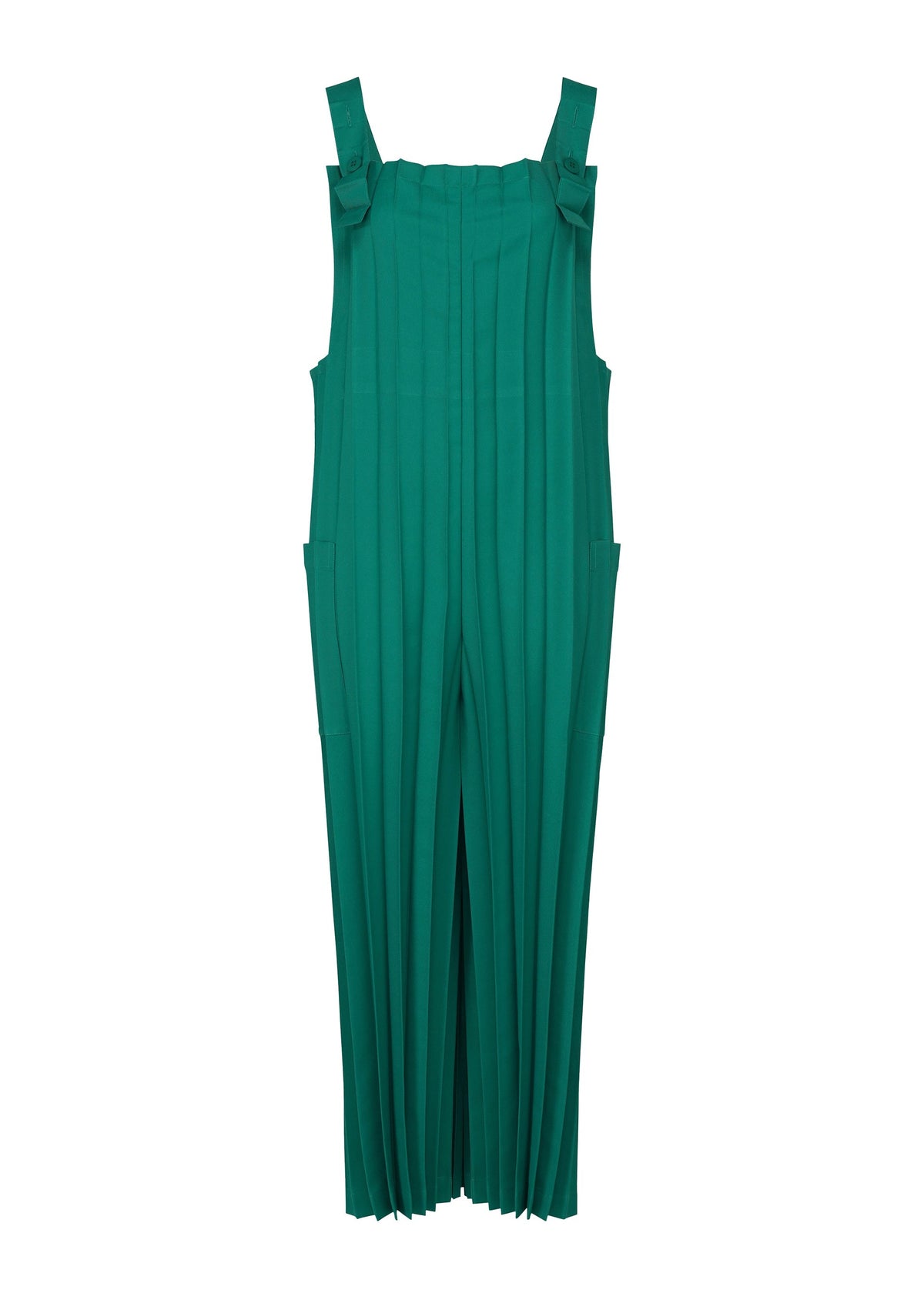 The me ISSEY MIYAKE COLOR PLEATS BOTTOM is a green pleated wide-leg jumpsuit with thick shoulder straps and side pockets, shown on a white background. Lightweight and stylish, it offers comfort and versatility for any wardrobe. view 3 of 7