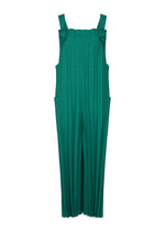 The me ISSEY MIYAKE COLOR PLEATS BOTTOM is a green pleated wide-leg jumpsuit with thick shoulder straps and side pockets, shown on a white background. Lightweight and stylish, it offers comfort and versatility for any wardrobe. - PEACOCK GREEN （no.64）