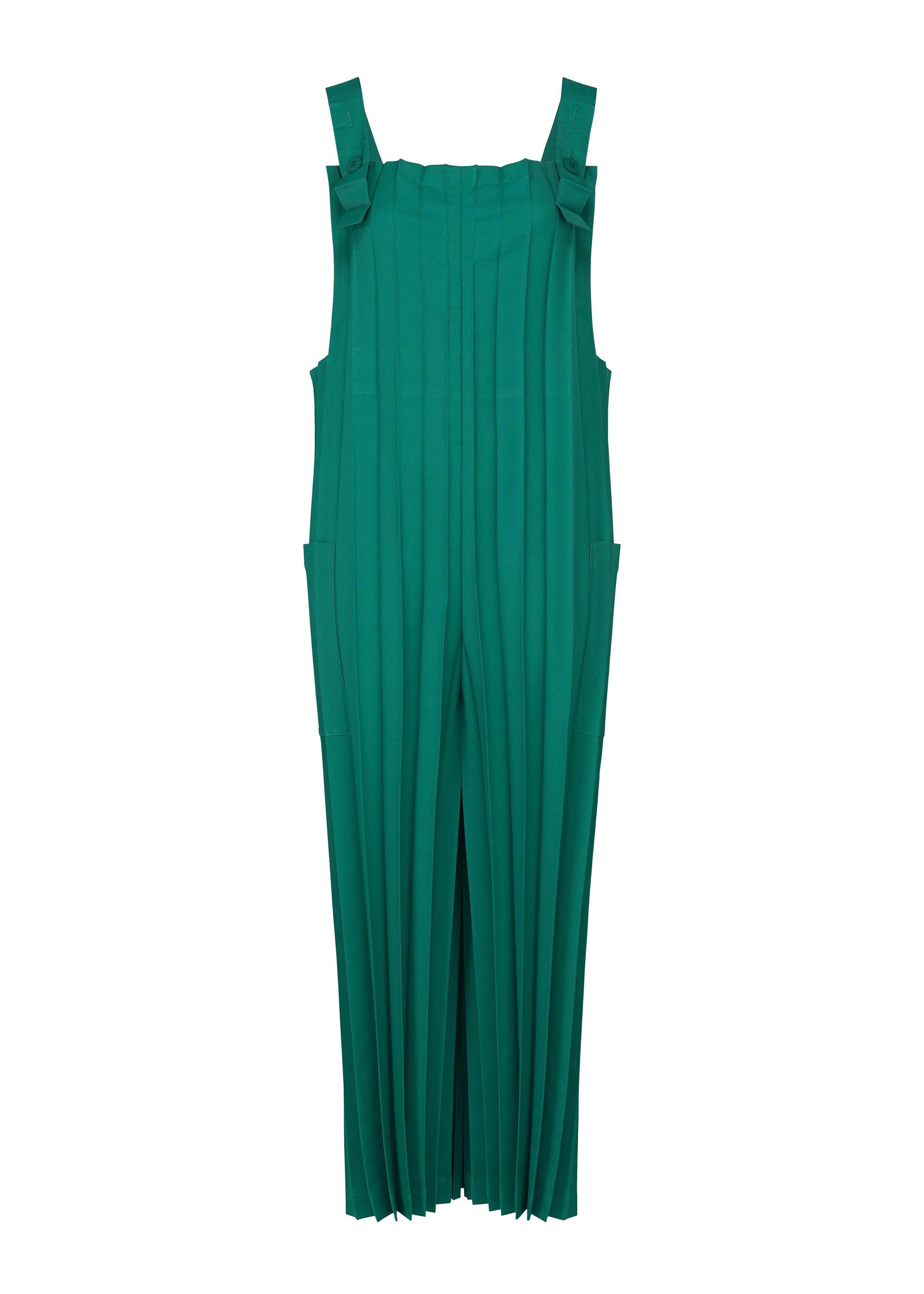 Zoomed view The me ISSEY MIYAKE COLOR PLEATS BOTTOM is a green pleated wide-leg jumpsuit with thick shoulder straps and side pockets, shown on a white background. Lightweight and stylish, it offers comfort and versatility for any wardrobe. - PEACOCK GREEN （no.64）