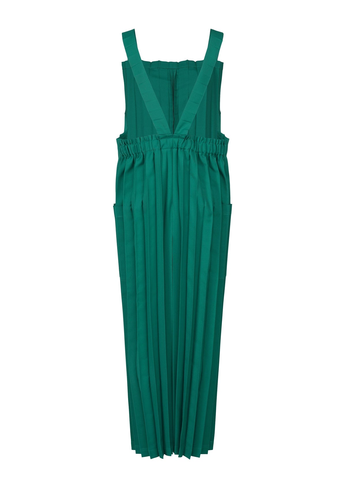 The COLOR PLEATS BOTTOM by me ISSEY MIYAKE is a green pleated jumpsuit with wide straps, an elasticated waist, and practical pockets, shown flat on a white background. view 4 of 7