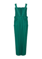 The COLOR PLEATS BOTTOM by me ISSEY MIYAKE is a green pleated jumpsuit with wide straps, an elasticated waist, and practical pockets, shown flat on a white background.