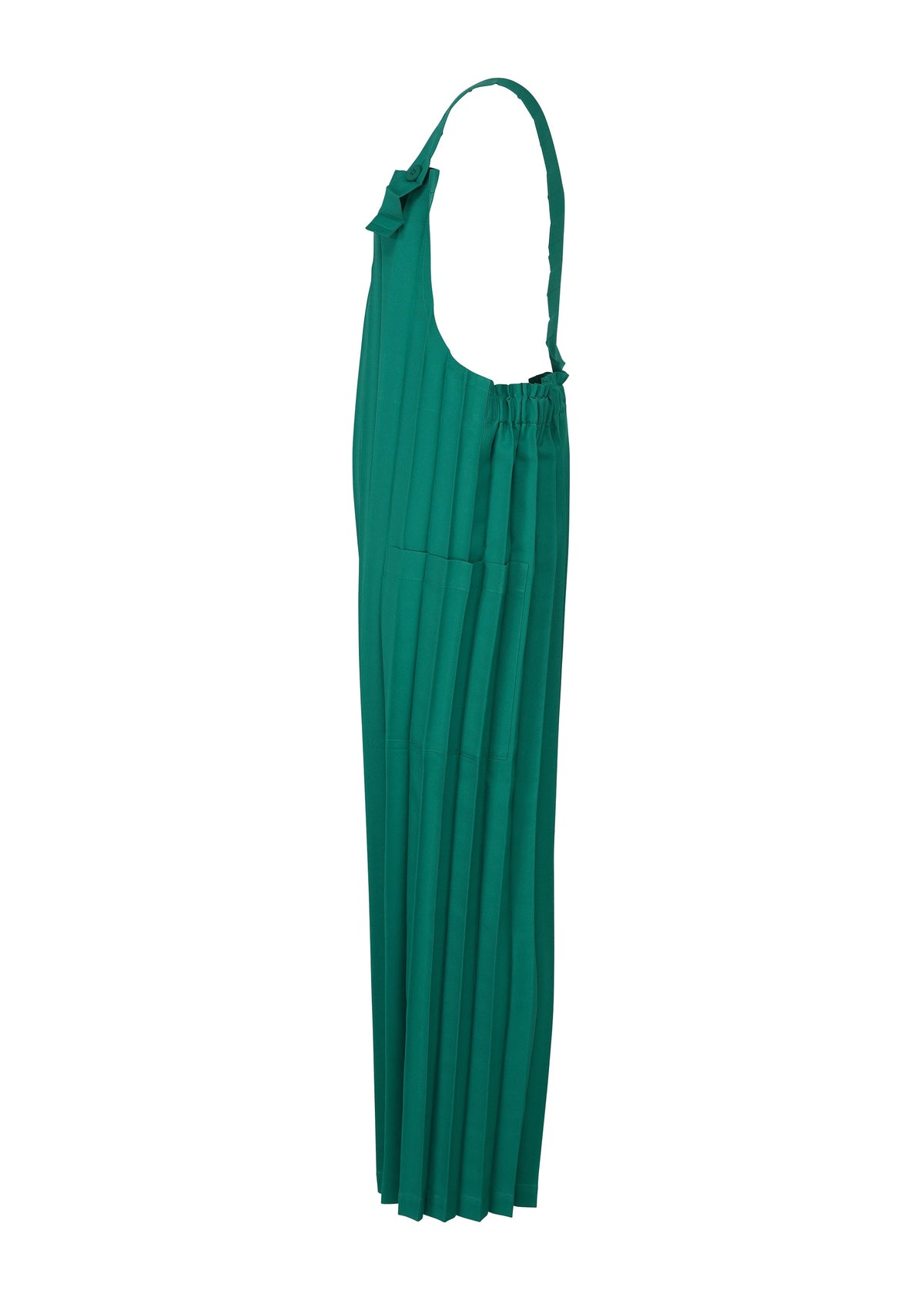 The me ISSEY MIYAKE COLOR PLEATS BOTTOM is a sleeveless green jumpsuit with wide legs, an elastic waist, and a lightweight pleated design, shown from the side. view 5 of 7