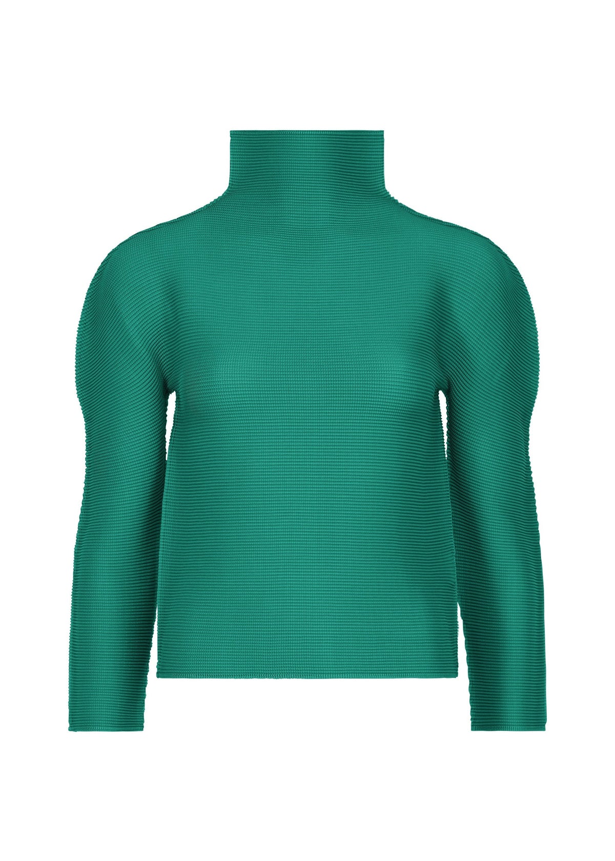 The STRETCH PLEATS 7 by me ISSEY MIYAKE is a green, high-neck, long-sleeve top with a ribbed finish and stretchy fabric, shown against a plain white background. view 2 of 7