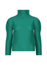 The STRETCH PLEATS 7 by me ISSEY MIYAKE is a green, high-neck, long-sleeve top with a ribbed finish and stretchy fabric, shown against a plain white background. - PEACOCK GREEN （no.64）