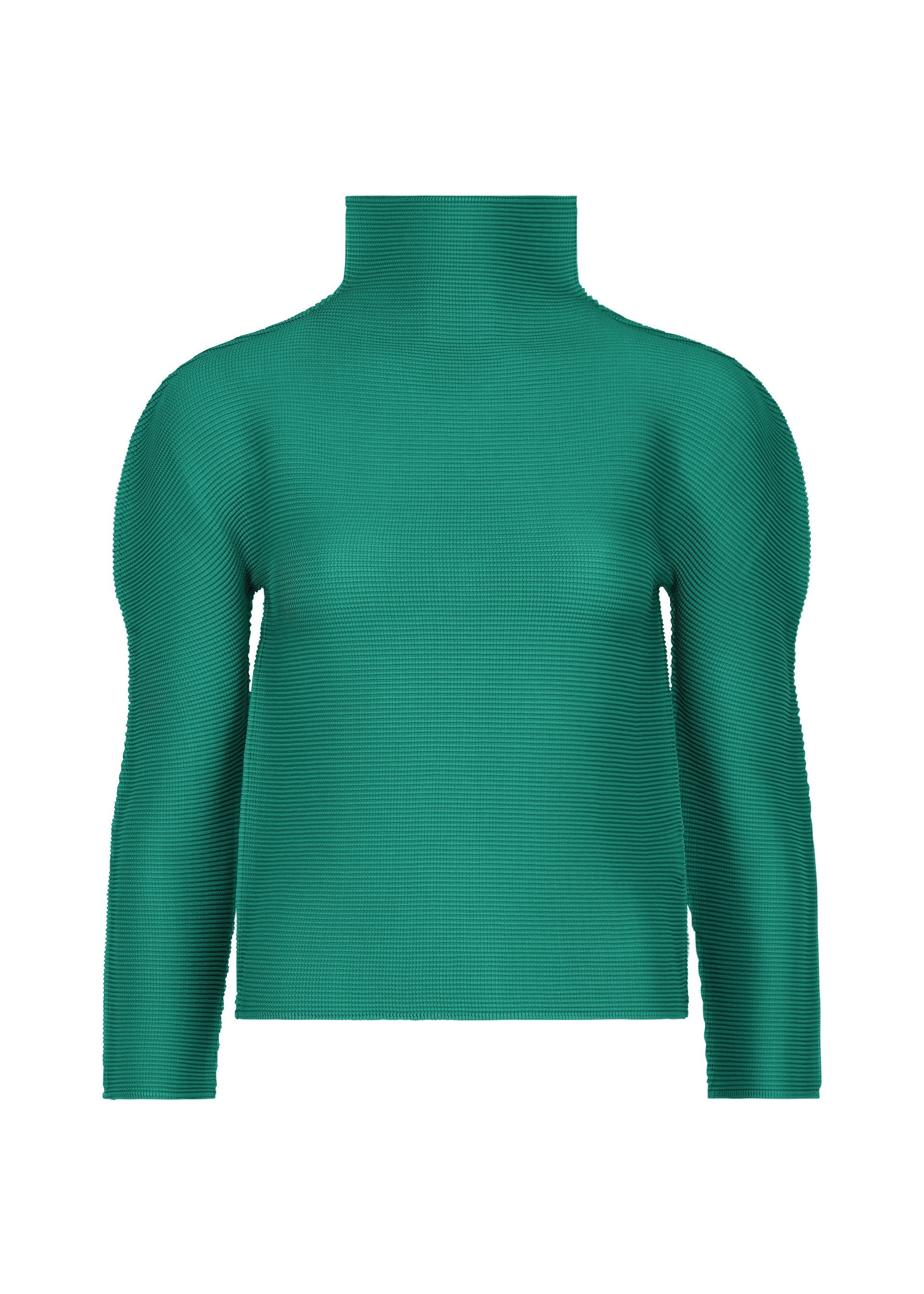 Zoomed view The STRETCH PLEATS 7 by me ISSEY MIYAKE is a green, high-neck, long-sleeve top with a ribbed finish and stretchy fabric, shown against a plain white background. - PEACOCK GREEN （no.64）