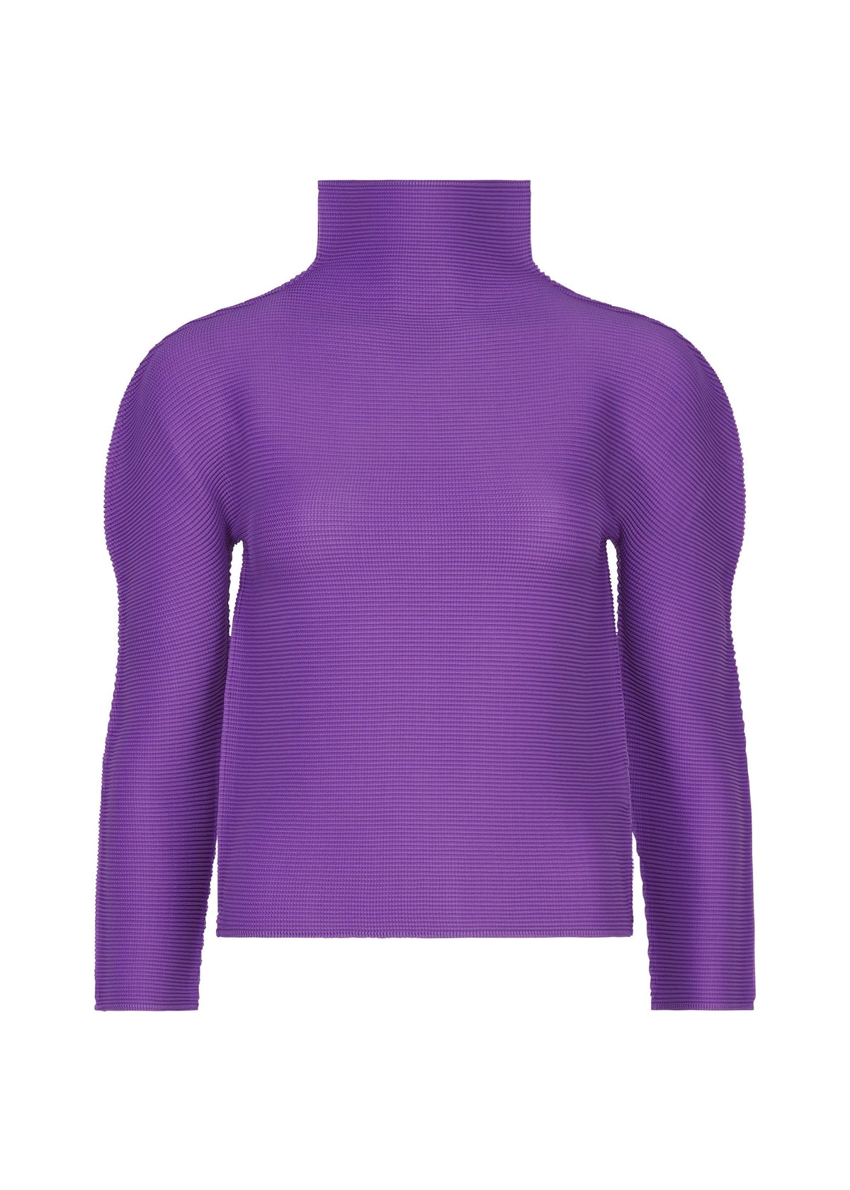The STRETCH PLEATS 7 by me ISSEY MIYAKE is a ribbed, pleated purple long-sleeve top with a high neck, shown against a white background. view 3 of 7
