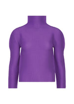 The STRETCH PLEATS 7 by me ISSEY MIYAKE is a ribbed, pleated purple long-sleeve top with a high neck, shown against a white background. - PURPLE （no.81）