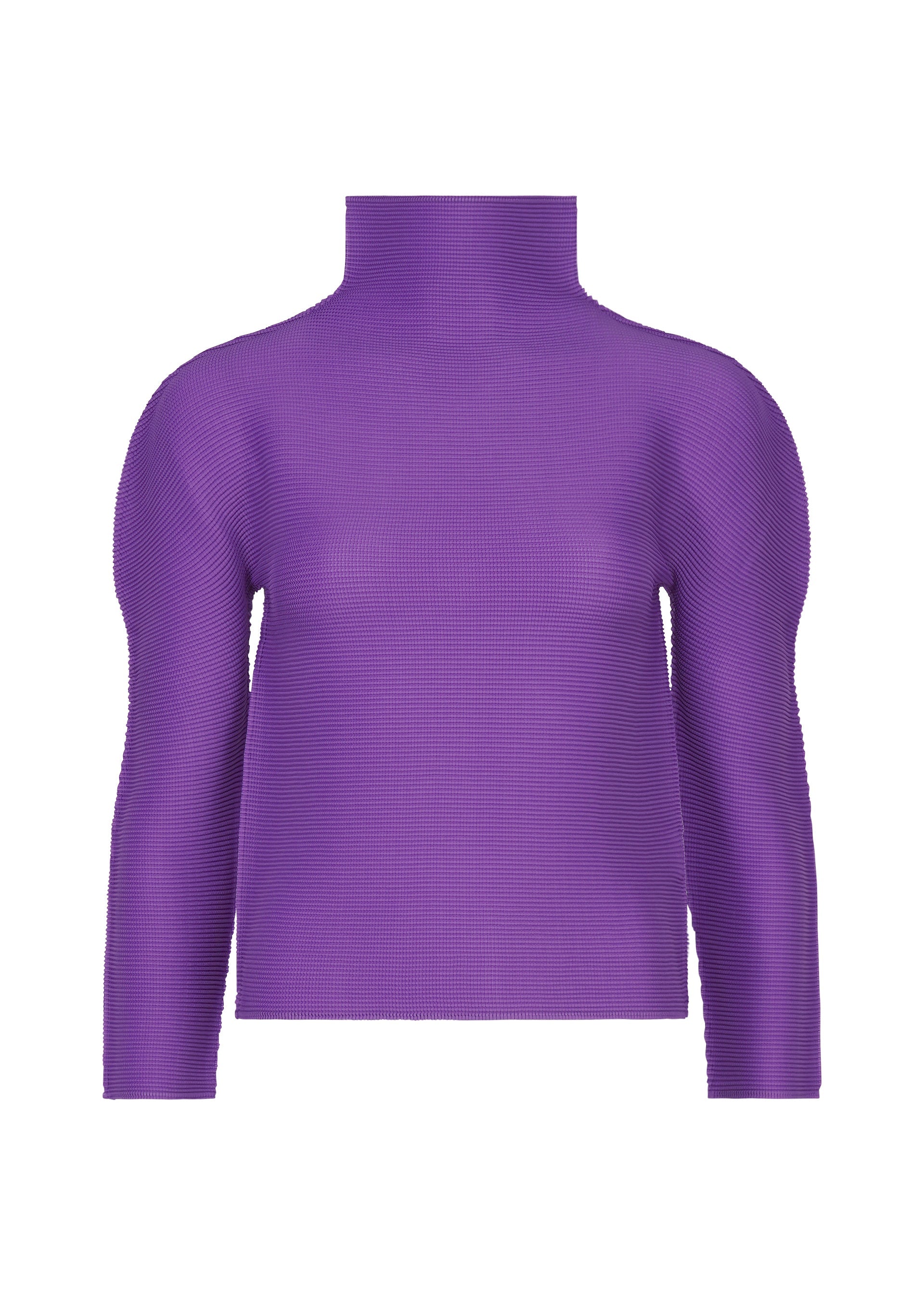 Zoomed view The STRETCH PLEATS 7 by me ISSEY MIYAKE is a ribbed, pleated purple long-sleeve top with a high neck, shown against a white background. - PURPLE （no.81）