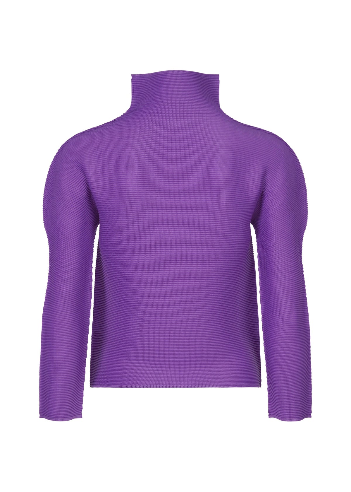 The STRETCH PLEATS 7 by me ISSEY MIYAKE, a purple long-sleeve ribbed high-neck top, is shown from the back against a plain white background. view 4 of 7