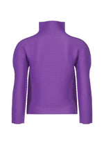 The STRETCH PLEATS 7 by me ISSEY MIYAKE, a purple long-sleeve ribbed high-neck top, is shown from the back against a plain white background.