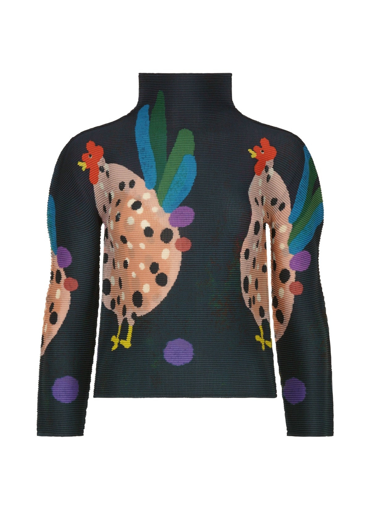 The DAWN sweater by me ISSEY MIYAKE is a black, long-sleeve, high-neck top adorned with vibrant hen illustrations featuring red combs, blue and green feathers, black spots, and playful purple dots. view 2 of 6