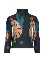 The DAWN sweater by me ISSEY MIYAKE is a black, long-sleeve, high-neck top adorned with vibrant hen illustrations featuring red combs, blue and green feathers, black spots, and playful purple dots. - NAVY-HUED （no.97）