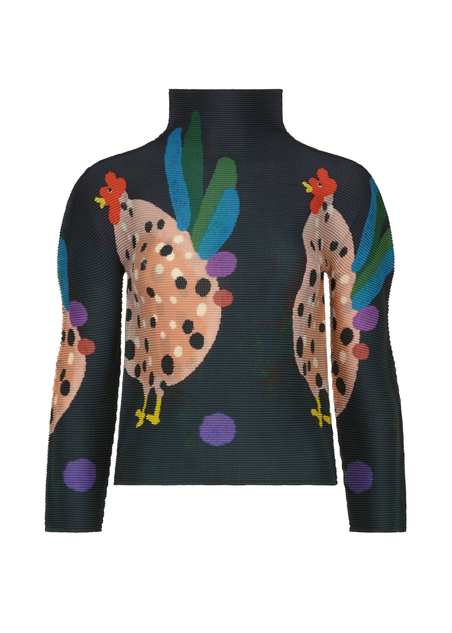 Zoomed view The DAWN sweater by me ISSEY MIYAKE is a black, long-sleeve, high-neck top adorned with vibrant hen illustrations featuring red combs, blue and green feathers, black spots, and playful purple dots. - NAVY-HUED （no.97）