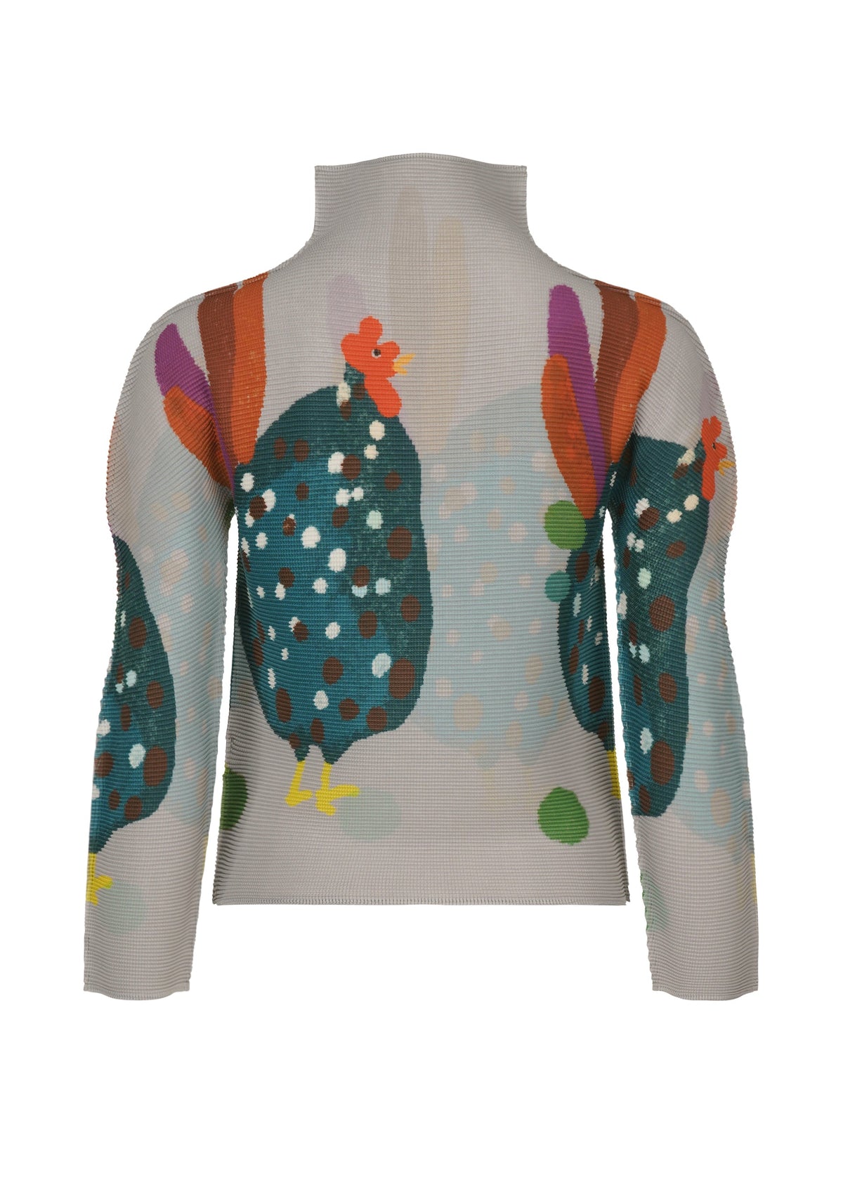 The DAWN top by me ISSEY MIYAKE is a long-sleeve, high-neck pleated design with a light background and colorful spotted chicken print with red combs and multicolored tails. view 3 of 6