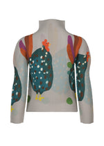 The DAWN top by me ISSEY MIYAKE is a long-sleeve, high-neck pleated design with a light background and colorful spotted chicken print with red combs and multicolored tails.